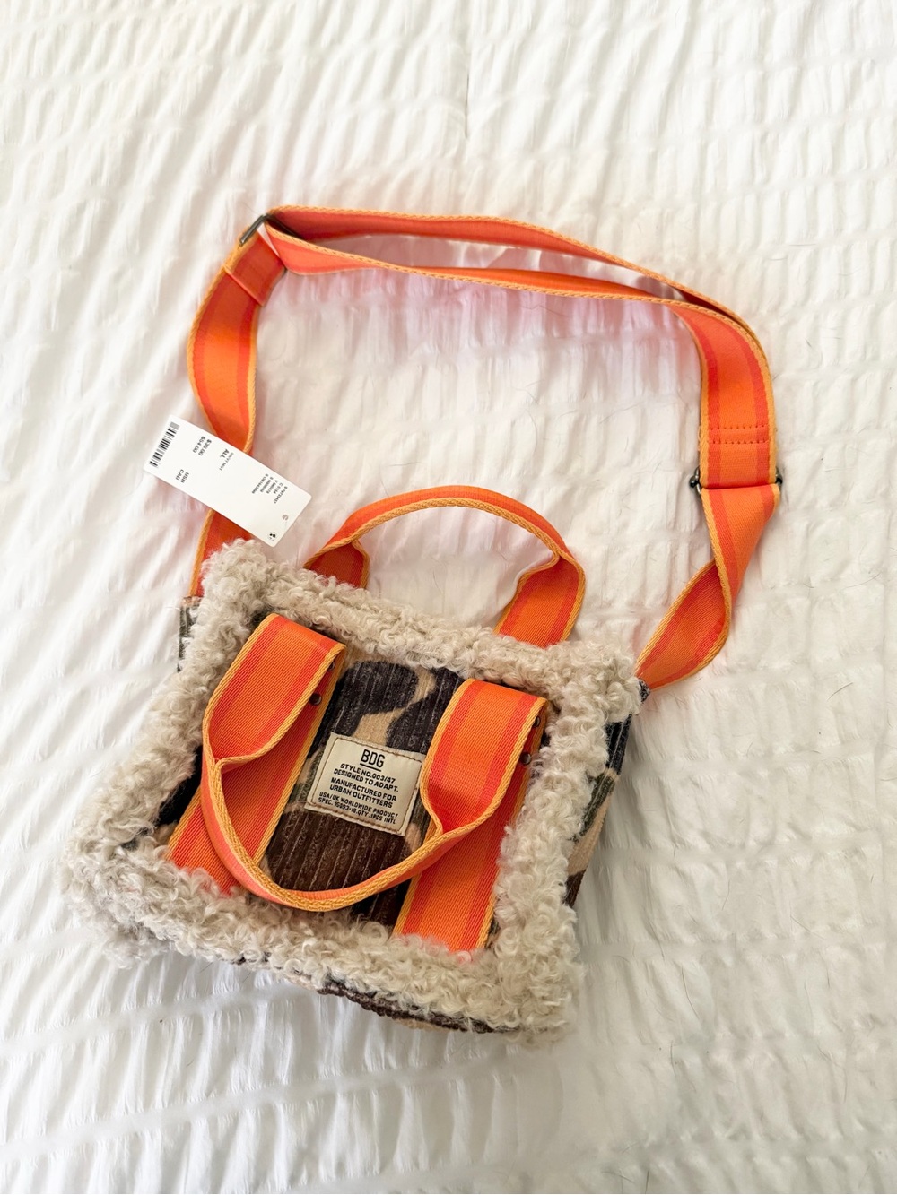BDG Orange Camoflogue Sherpa-Trim Crossbody with Striped Detail